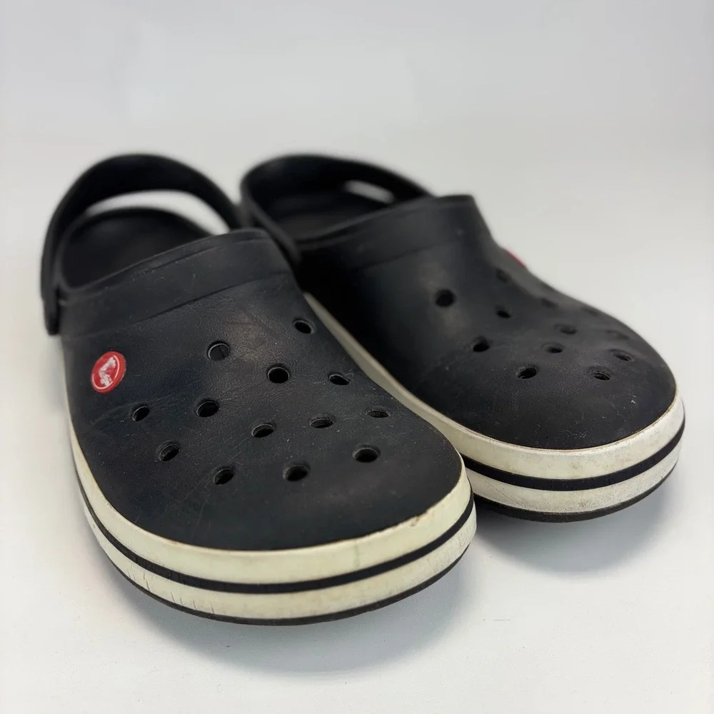 Crocs Crocband Clog Men 10 Women 12 Black White Stripe Slip On Comfort Sandal